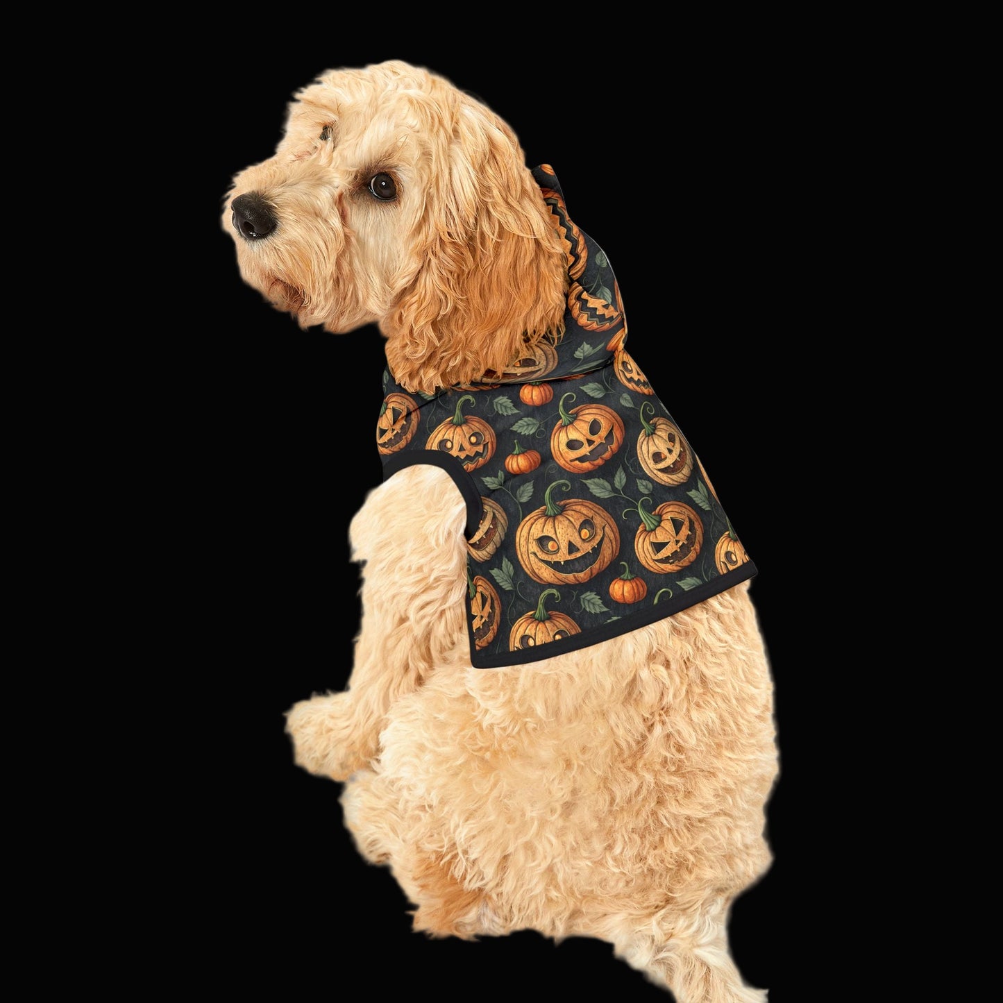 Halloween Pet Hoodie with Jack-o'-Lanterns | Pumpkin Costume, Autumn Apparel, Pet Halloween Outfit, Fall Fashion, Spooky Pet Wear