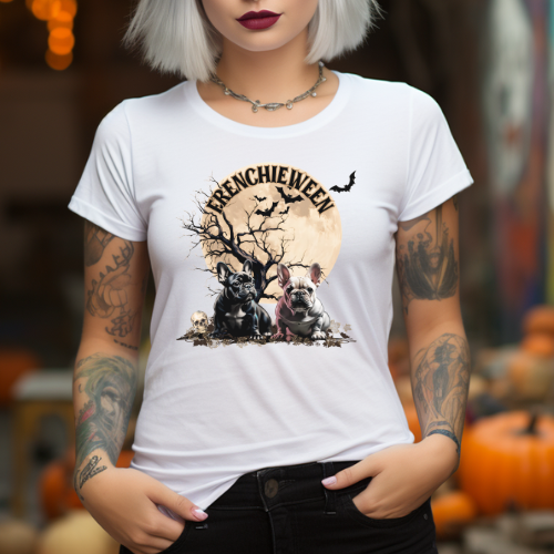 Halloween Graphic Tee, Spooky Women's T-Shirt, Fall Fashion, Frenchieween, Gift for Her, Dog Mom